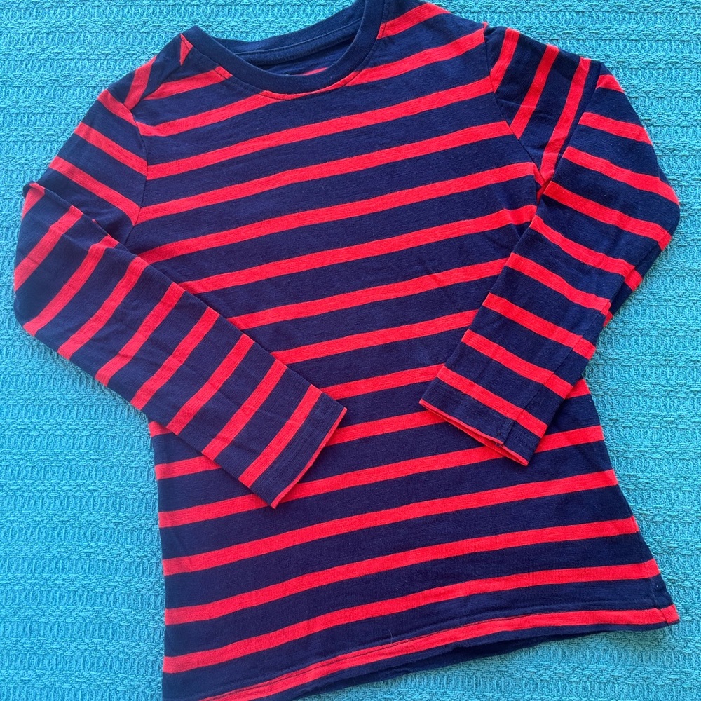 Primary Long-Sleeve Striped Classic Tee in Navy/Tomato, Size 4-5, VGUC to EUC